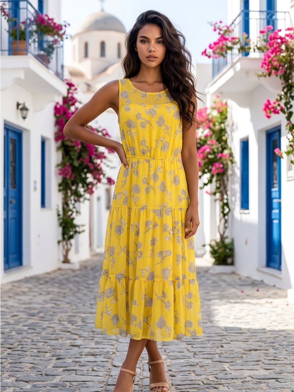 SALE Sunshine Floral Tiered Midi Dress - Yellow